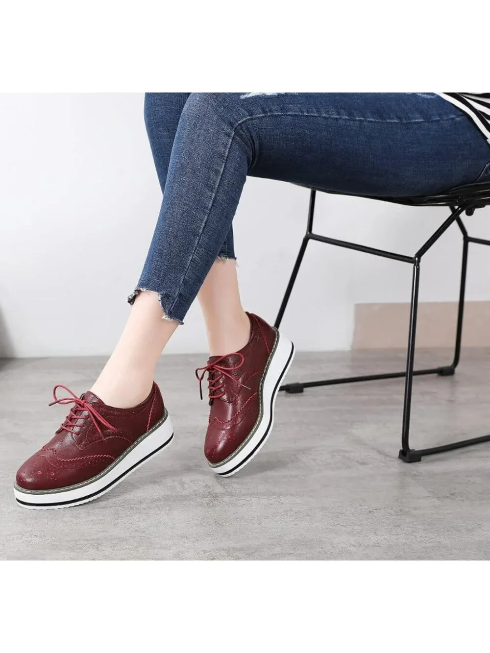 Women's Red Round Toe Lace Up Leather Oxford Shoes Wingtip White Platform